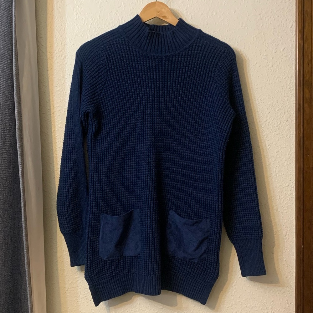 Banana Republic Dark Blue Ribbed Mock Neck Sweater with Suede Pockets - S